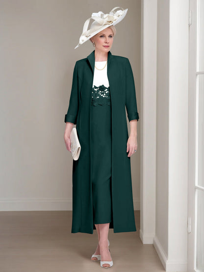 2 Pieces Round Neck Tea-Length Mother of the Bride Dress
