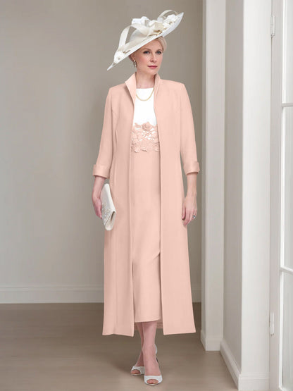 2 Pieces Round Neck Tea-Length Mother of the Bride Dress