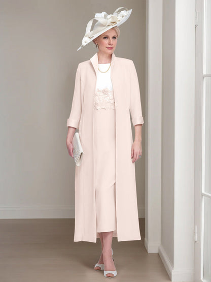 2 Pieces Round Neck Tea-Length Mother of the Bride Dress