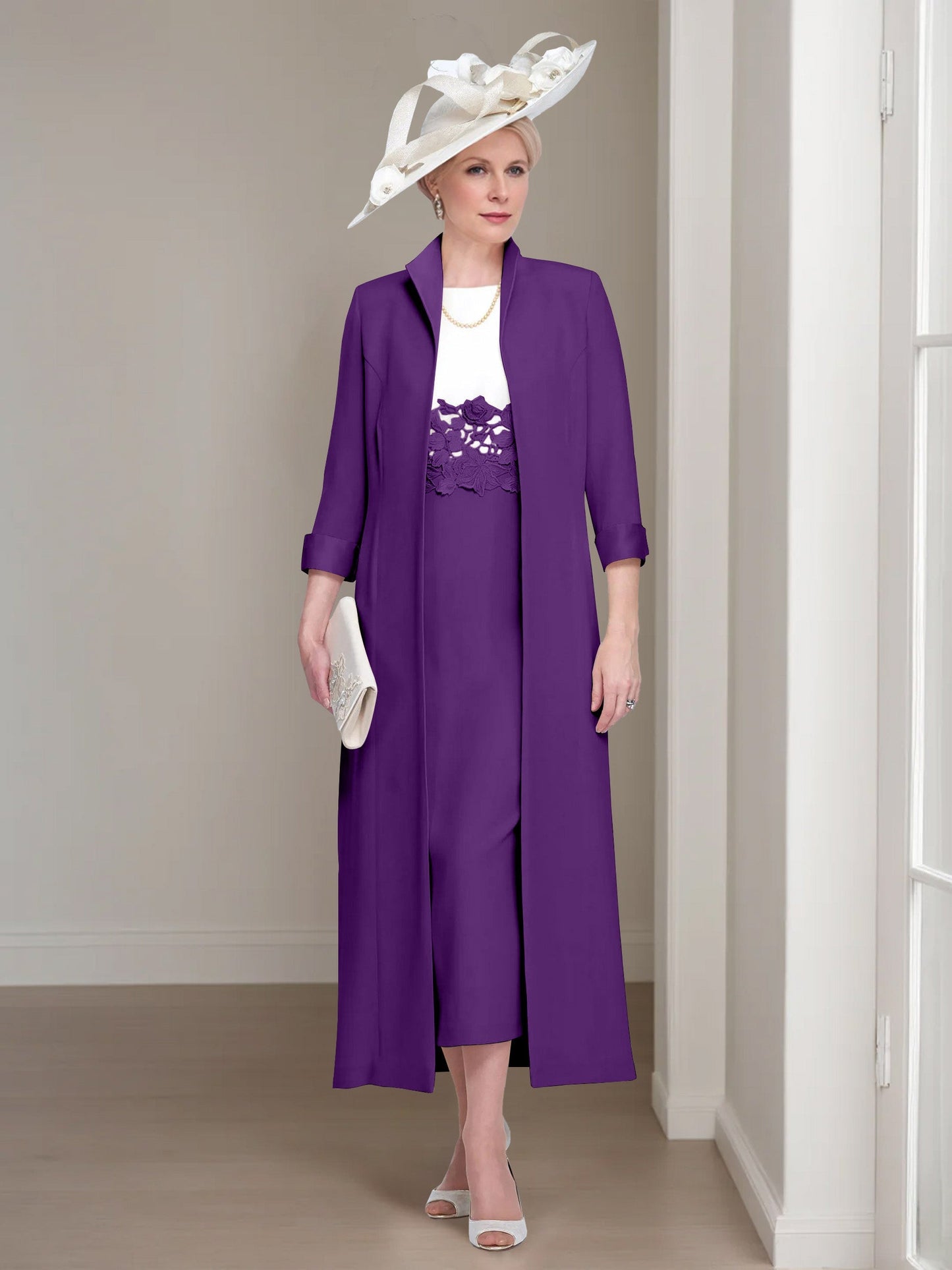 2 Pieces Round Neck Tea-Length Mother of the Bride Dress