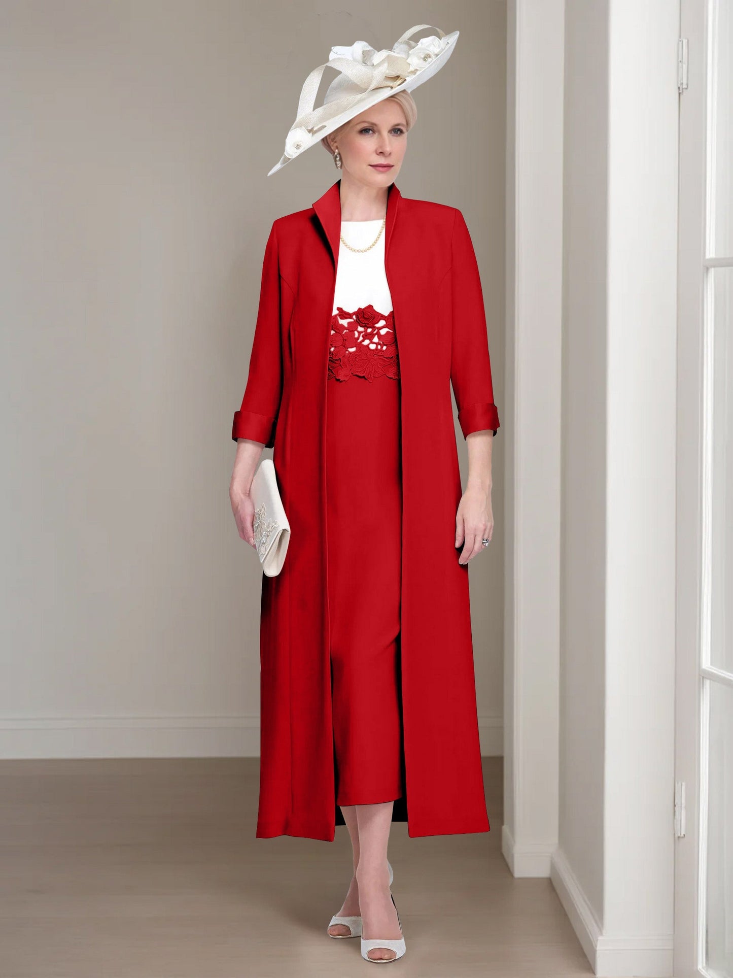 2 Pieces Round Neck Tea-Length Mother of the Bride Dress