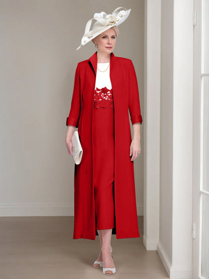 2 Pieces Round Neck Tea-Length Mother of the Bride Dress