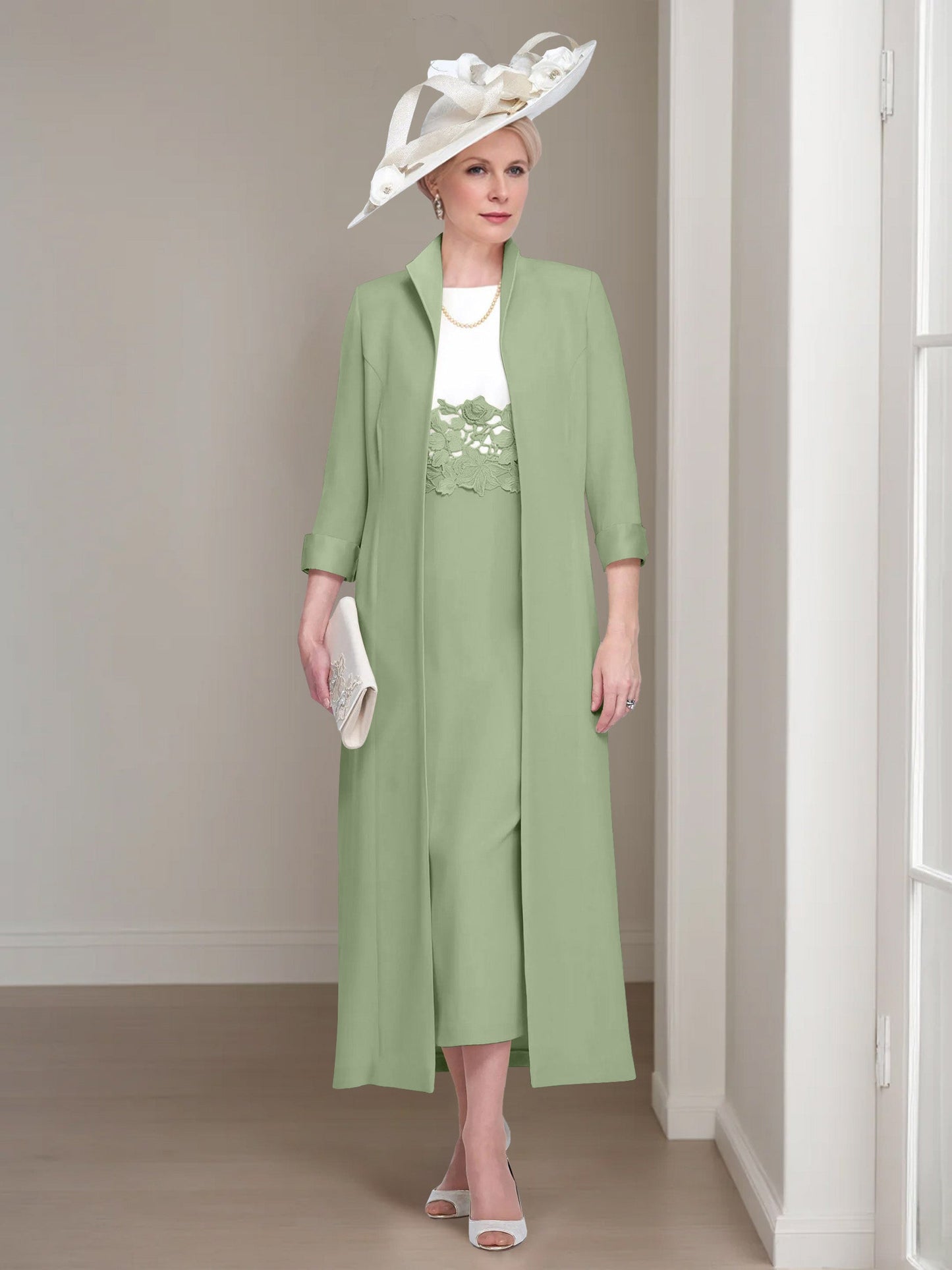 2 Pieces Round Neck Tea-Length Mother of the Bride Dress