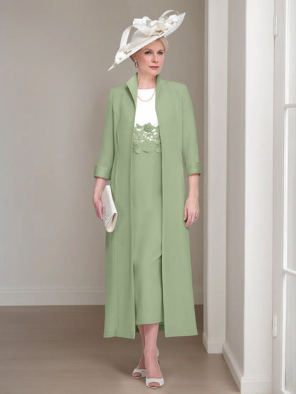 2 Pieces Round Neck Tea-Length Mother of the Bride Dress