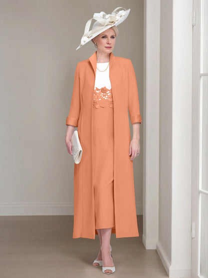 2 Pieces Round Neck Tea-Length Mother of the Bride Dress