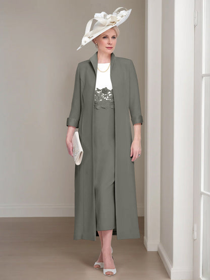 2 Pieces Round Neck Tea-Length Mother of the Bride Dress
