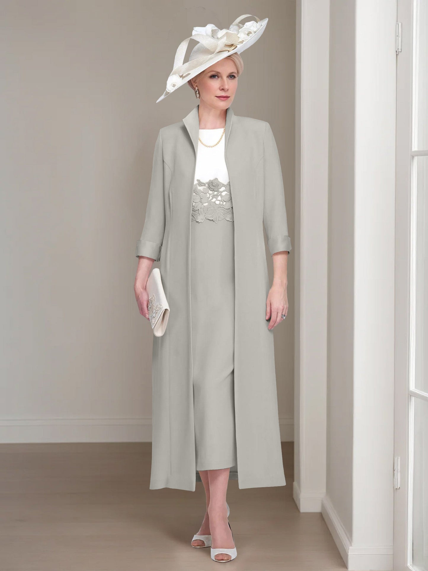 2 Pieces Round Neck Tea-Length Mother of the Bride Dress