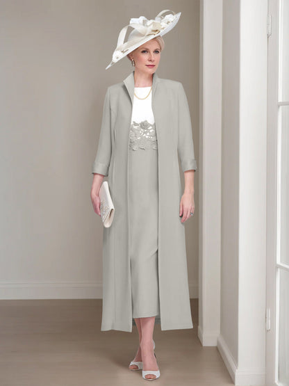 2 Pieces Round Neck Tea-Length Mother of the Bride Dress