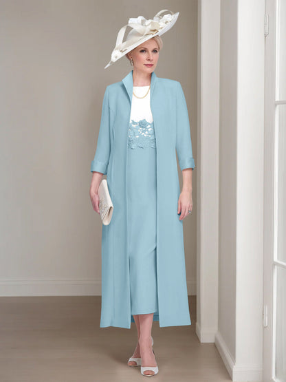 2 Pieces Round Neck Tea-Length Mother of the Bride Dress