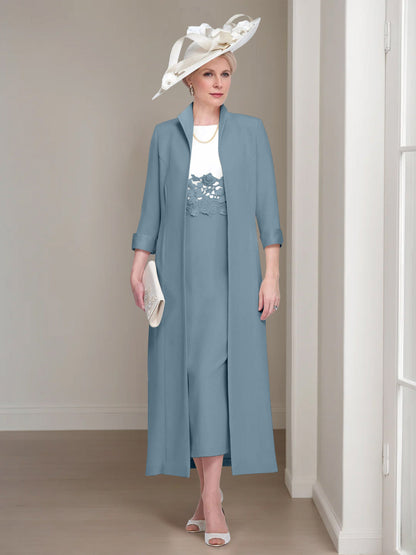 2 Pieces Round Neck Tea-Length Mother of the Bride Dress