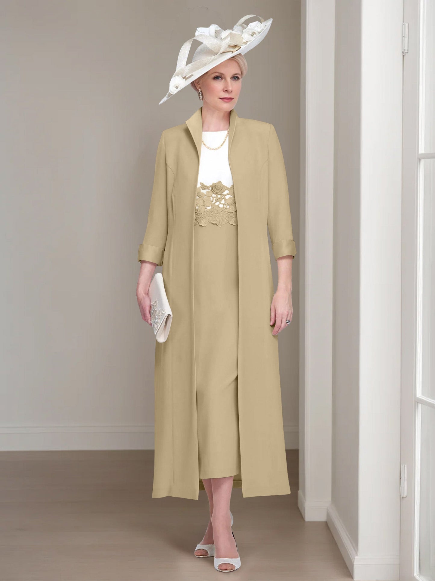 2 Pieces Round Neck Tea-Length Mother of the Bride Dress