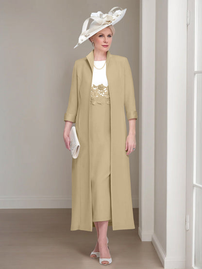 2 Pieces Round Neck Tea-Length Mother of the Bride Dress