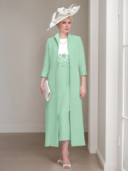 2 Pieces Round Neck Tea-Length Mother of the Bride Dress