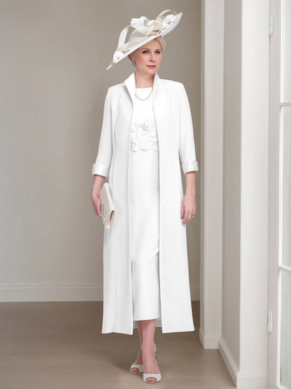 2 Pieces Round Neck Tea-Length Mother of the Bride Dress