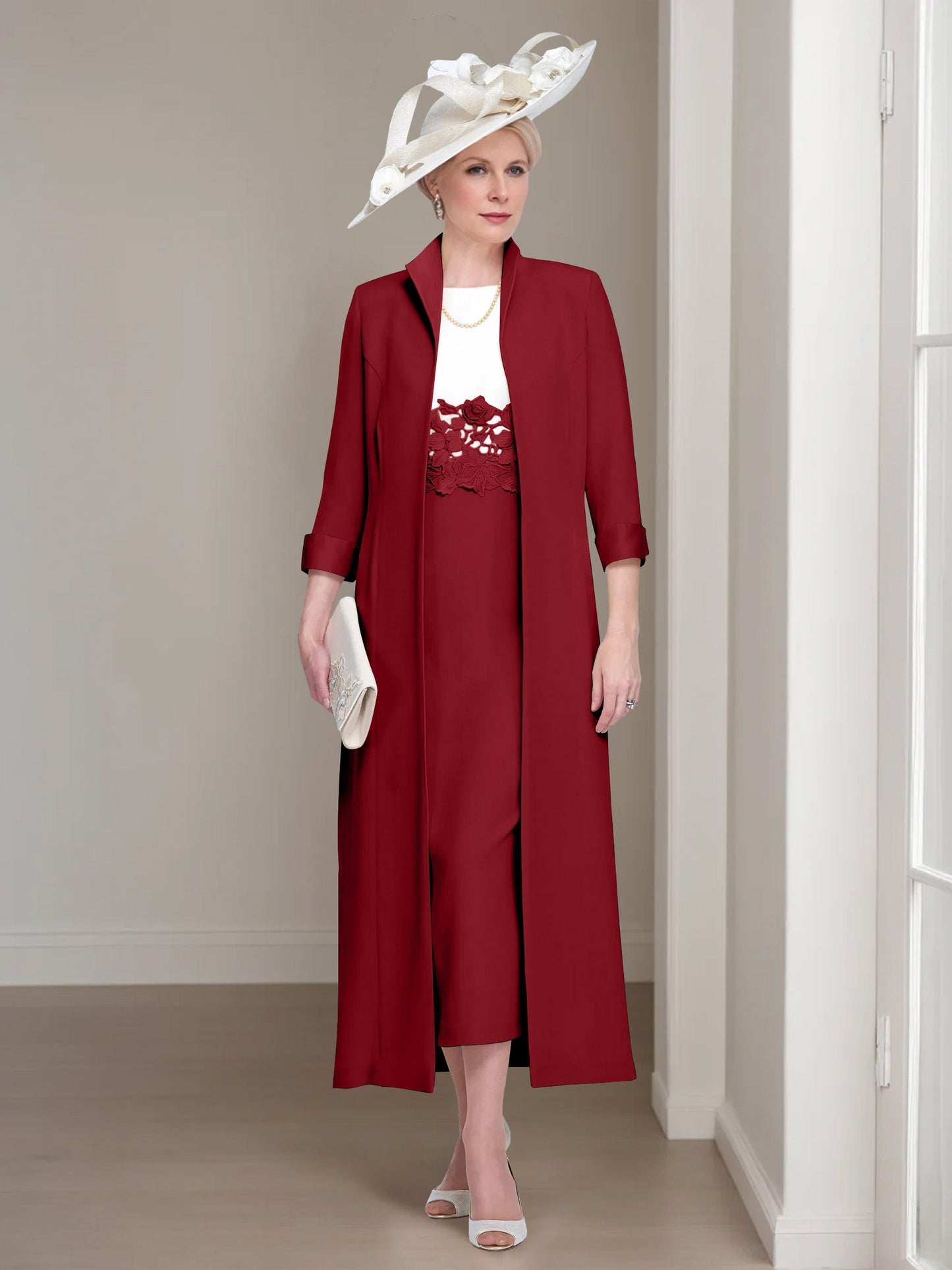2 Pieces Round Neck Tea-Length Mother of the Bride Dress