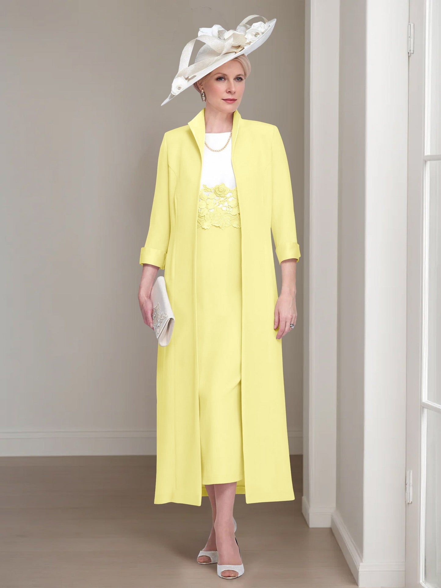 2 Pieces Round Neck Tea-Length Mother of the Bride Dress