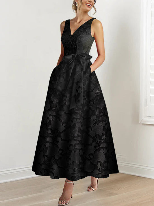 A-Line V-Neck Sleeveless Ankle-Length Rose Lace Applique Mother of the Bride Dress