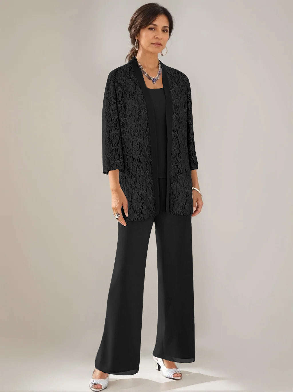 3 Pieces Scoop Neck 3/4 Sleeves Ankle-Length Mother of the Bride Pantsuits with Lace