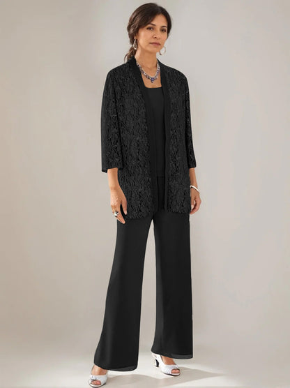 3 Pieces Scoop Neck 3/4 Sleeves Ankle-Length Mother of the Bride Pantsuits with Lace