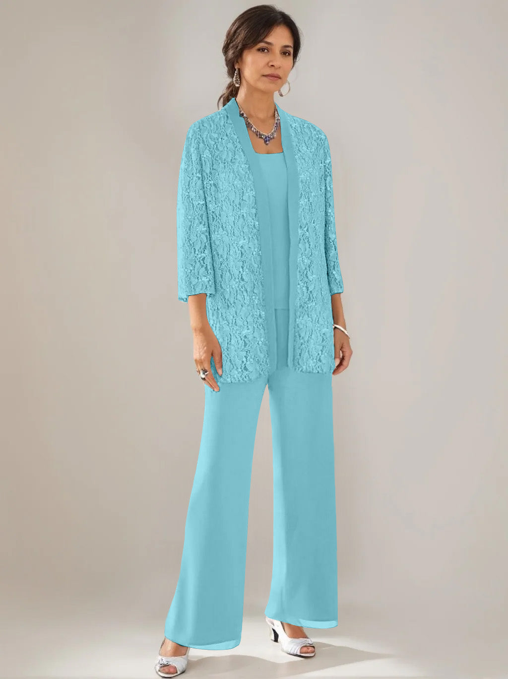 3 Pieces Scoop Neck 3/4 Sleeves Ankle-Length Mother of the Bride Pantsuits with Lace