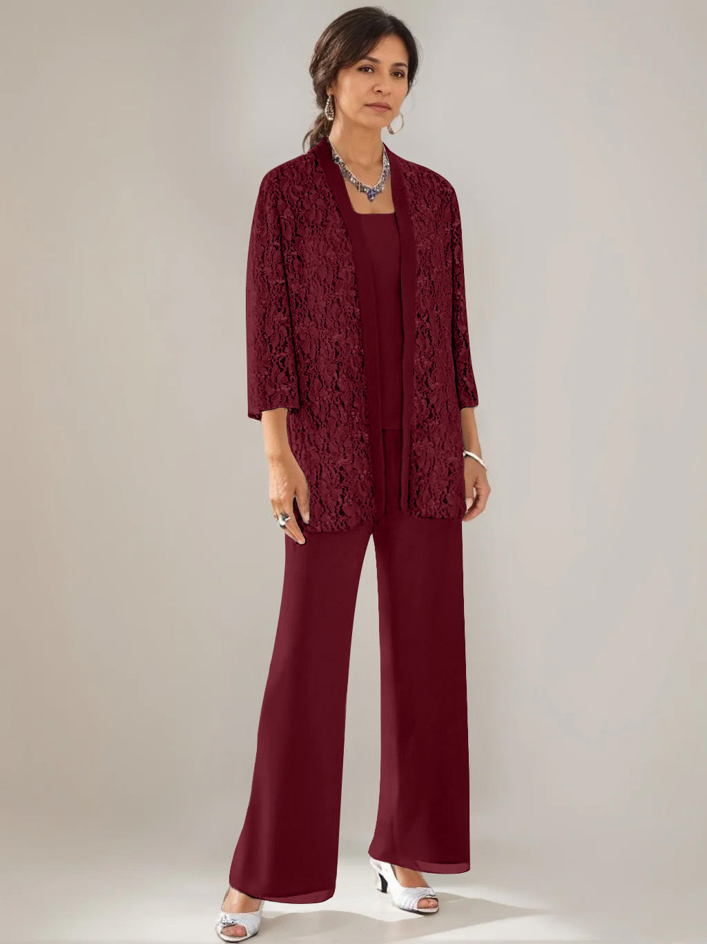 3 Pieces Scoop Neck 3/4 Sleeves Ankle-Length Mother of the Bride Pantsuits with Lace