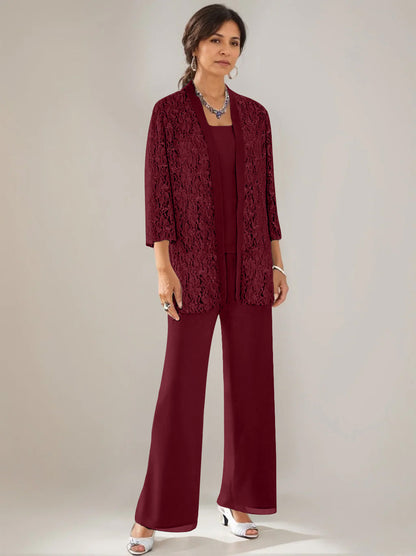 3 Pieces Scoop Neck 3/4 Sleeves Ankle-Length Mother of the Bride Pantsuits with Lace