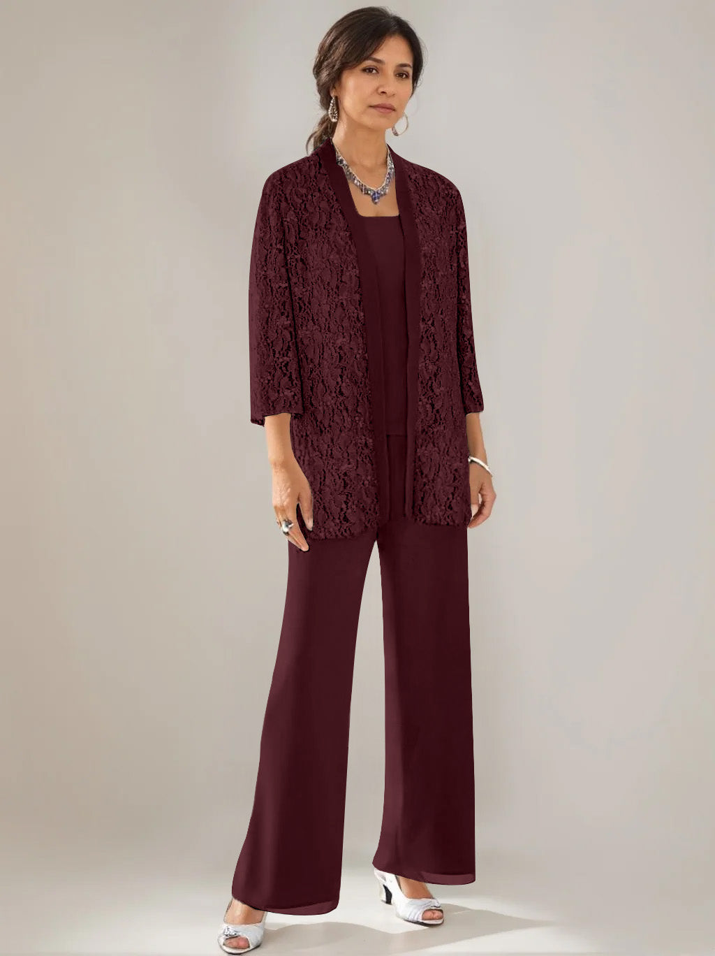 3 Pieces Scoop Neck 3/4 Sleeves Ankle-Length Mother of the Bride Pantsuits with Lace