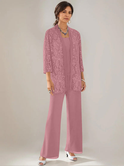 3 Pieces Scoop Neck 3/4 Sleeves Ankle-Length Mother of the Bride Pantsuits with Lace