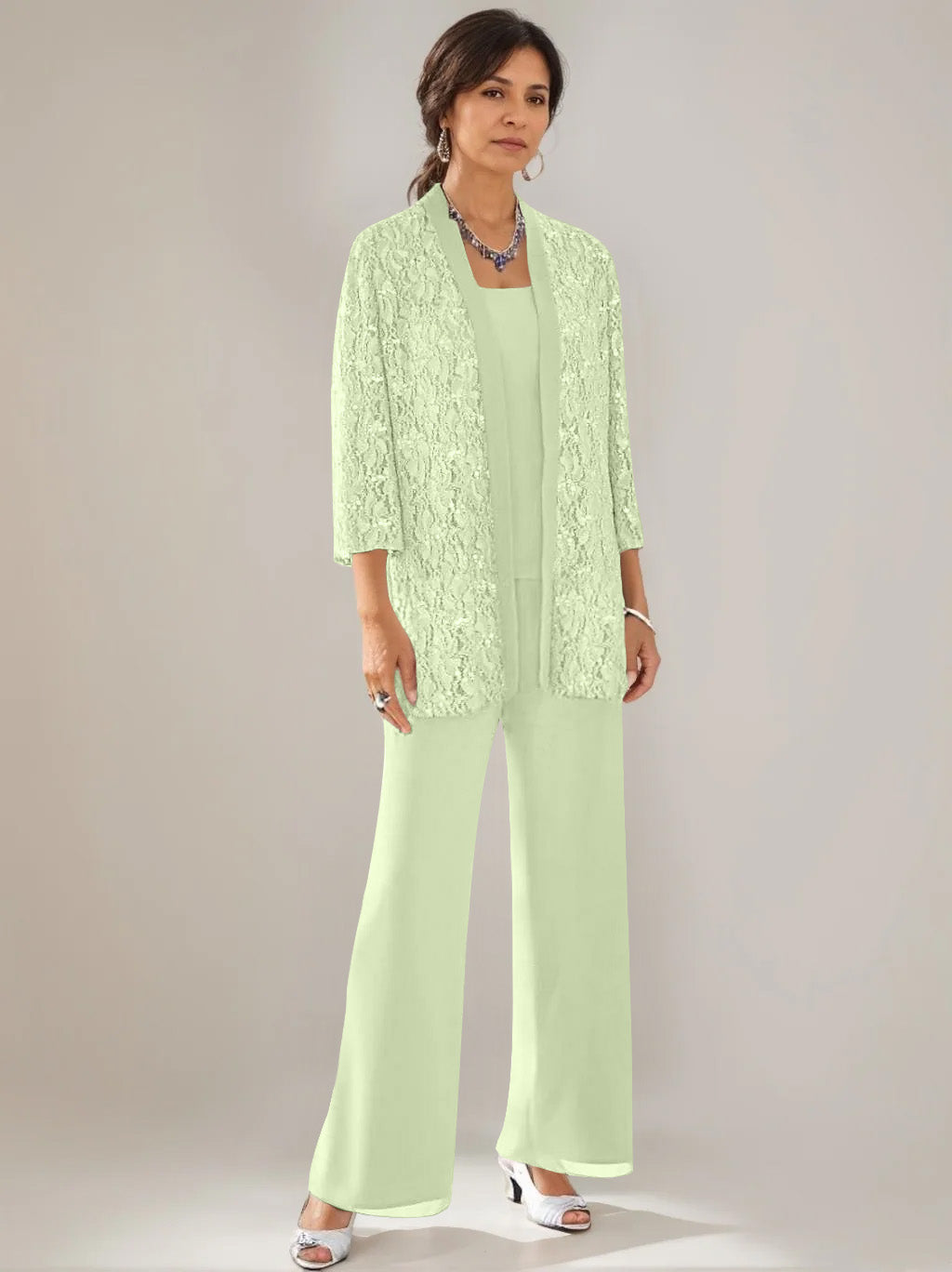 3 Pieces Scoop Neck 3/4 Sleeves Ankle-Length Mother of the Bride Pantsuits with Lace