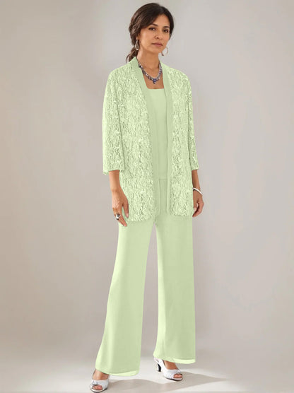 3 Pieces Scoop Neck 3/4 Sleeves Ankle-Length Mother of the Bride Pantsuits with Lace