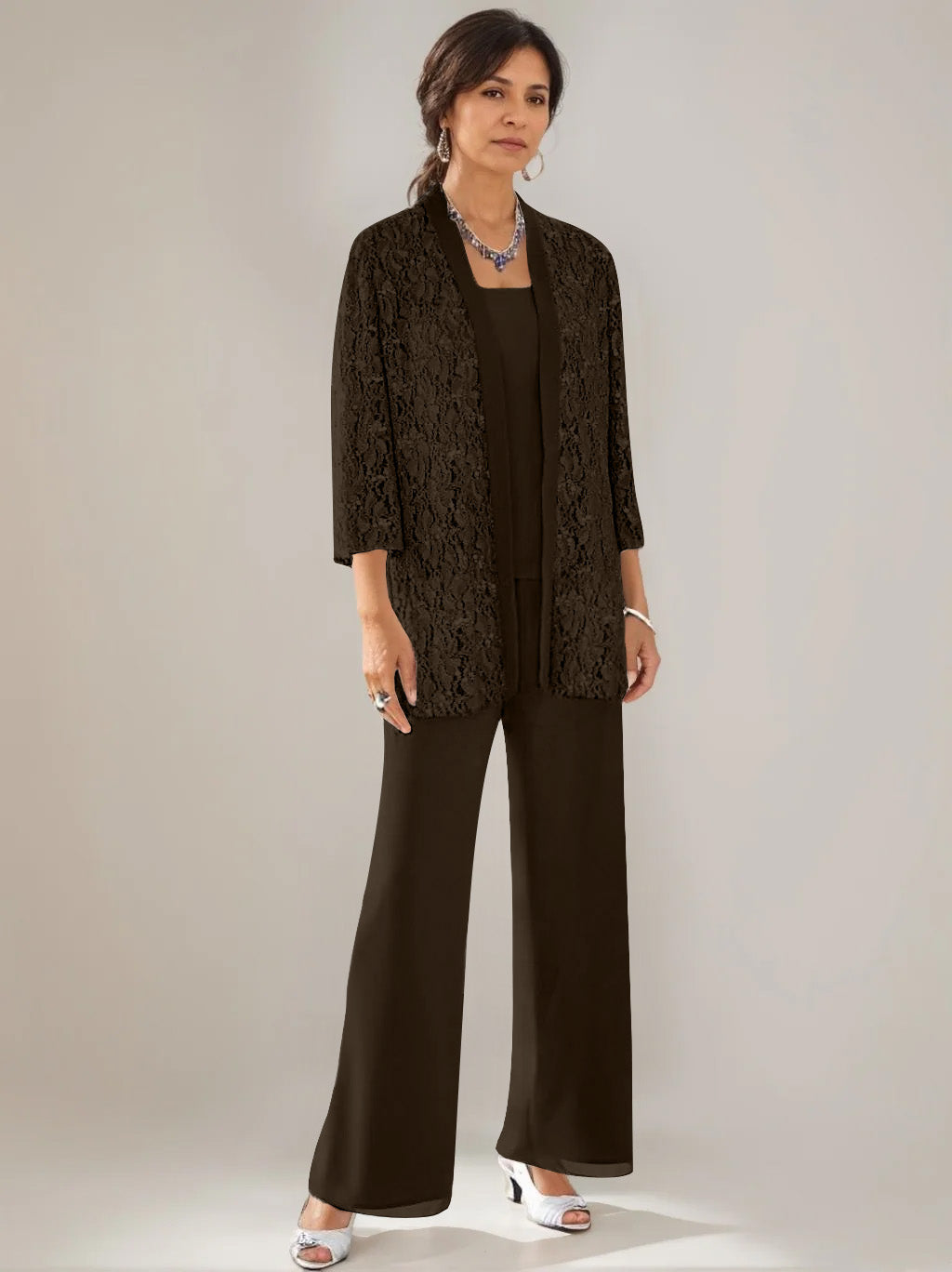 3 Pieces Scoop Neck 3/4 Sleeves Ankle-Length Mother of the Bride Pantsuits with Lace