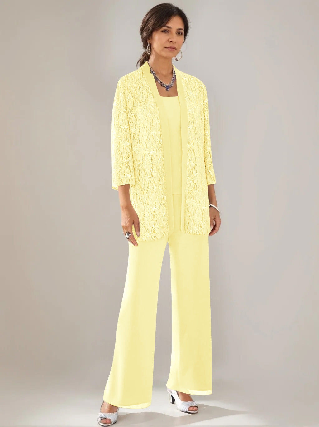 3 Pieces Scoop Neck 3/4 Sleeves Ankle-Length Mother of the Bride Pantsuits with Lace