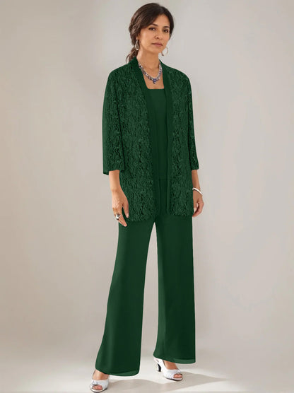 3 Pieces Scoop Neck 3/4 Sleeves Ankle-Length Mother of the Bride Pantsuits with Lace