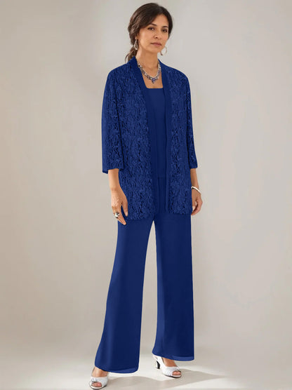 3 Pieces Scoop Neck 3/4 Sleeves Ankle-Length Mother of the Bride Pantsuits with Lace