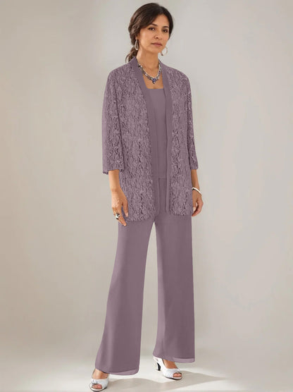 3 Pieces Scoop Neck 3/4 Sleeves Ankle-Length Mother of the Bride Pantsuits with Lace
