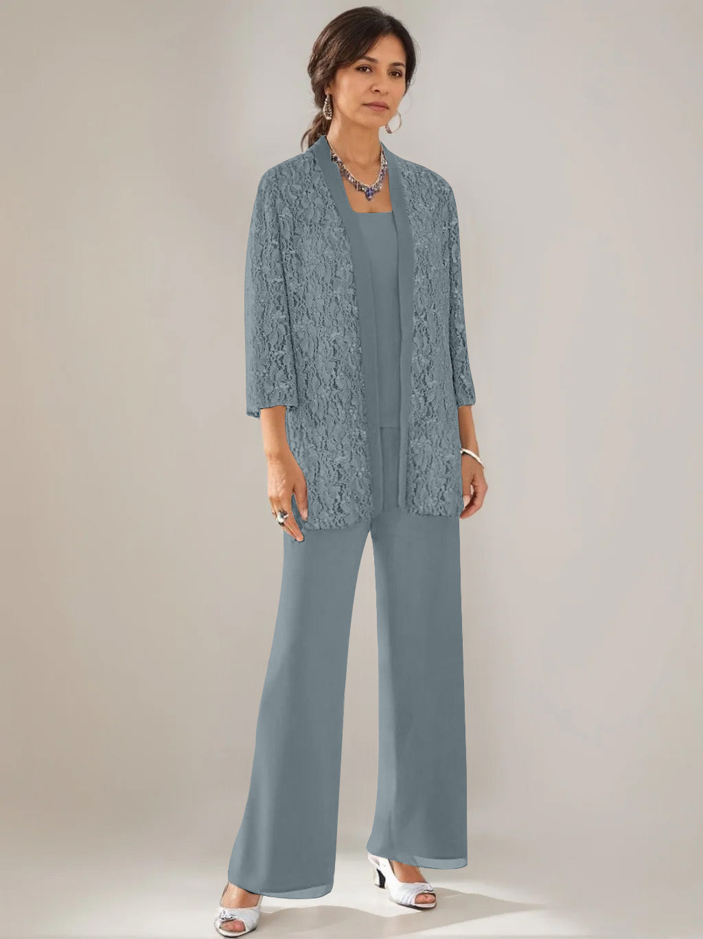 3 Pieces Scoop Neck 3/4 Sleeves Ankle-Length Mother of the Bride Pantsuits with Lace