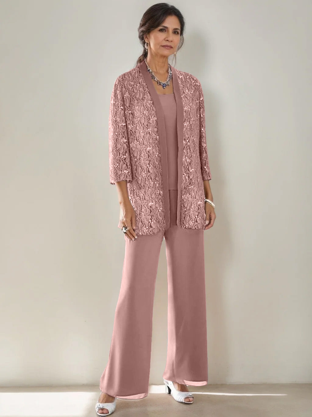 3 Pieces Scoop Neck 3/4 Sleeves Ankle-Length Mother of the Bride Pantsuits with Lace