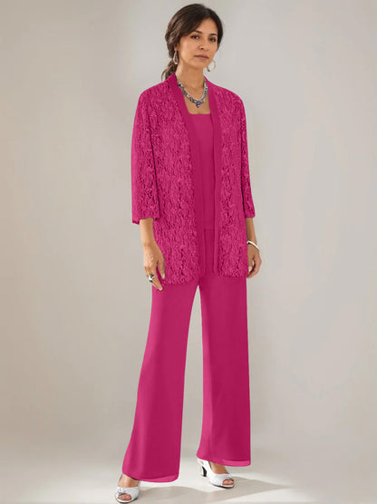 3 Pieces Scoop Neck 3/4 Sleeves Ankle-Length Mother of the Bride Pantsuits with Lace