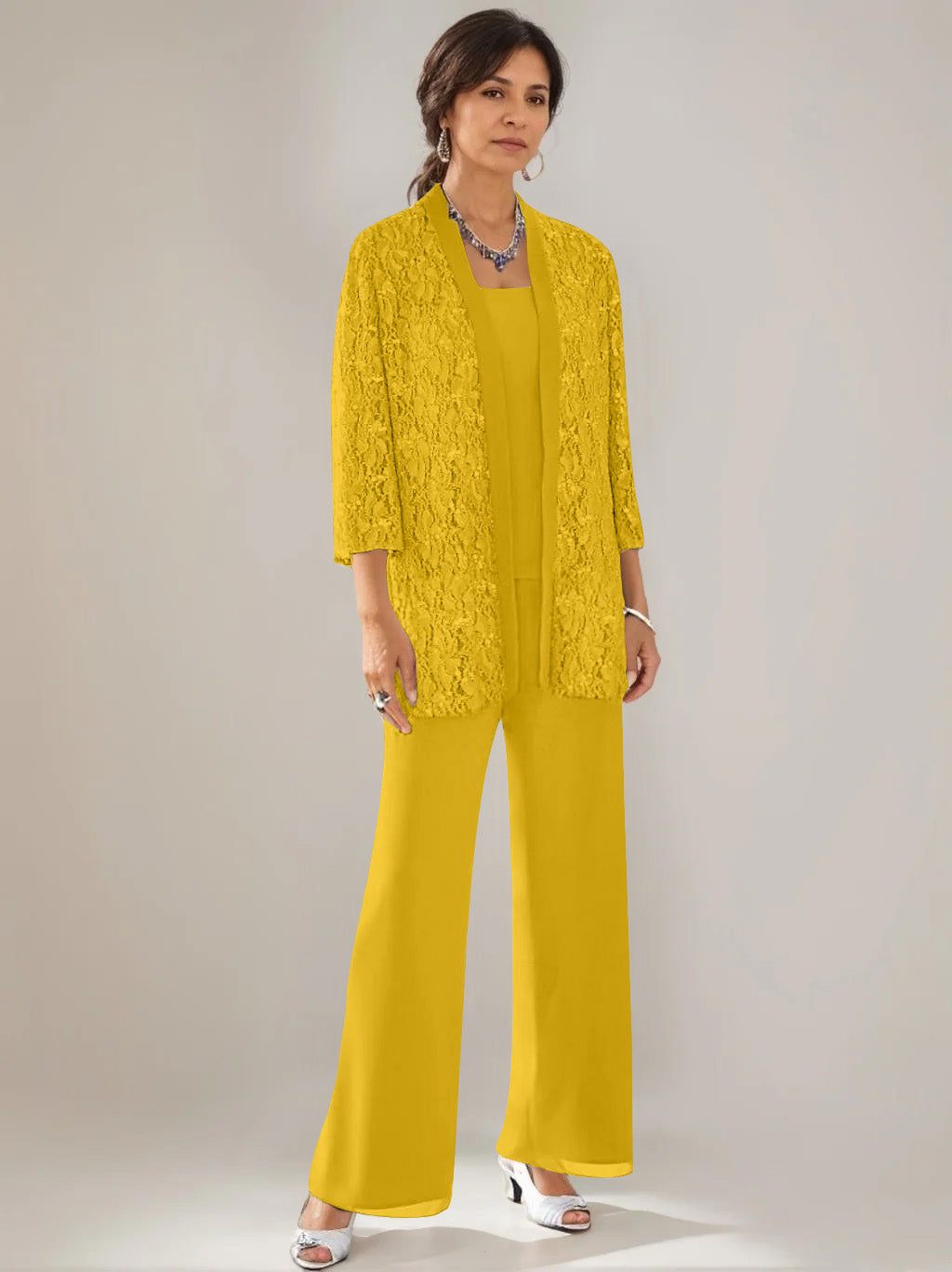 3 Pieces Scoop Neck 3/4 Sleeves Ankle-Length Mother of the Bride Pantsuits with Lace