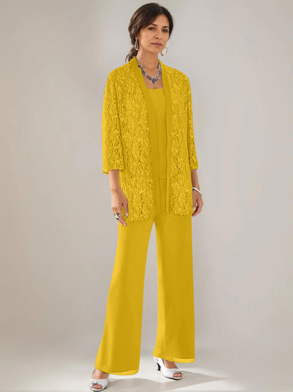 3 Pieces Scoop Neck 3/4 Sleeves Ankle-Length Mother of the Bride Pantsuits with Lace
