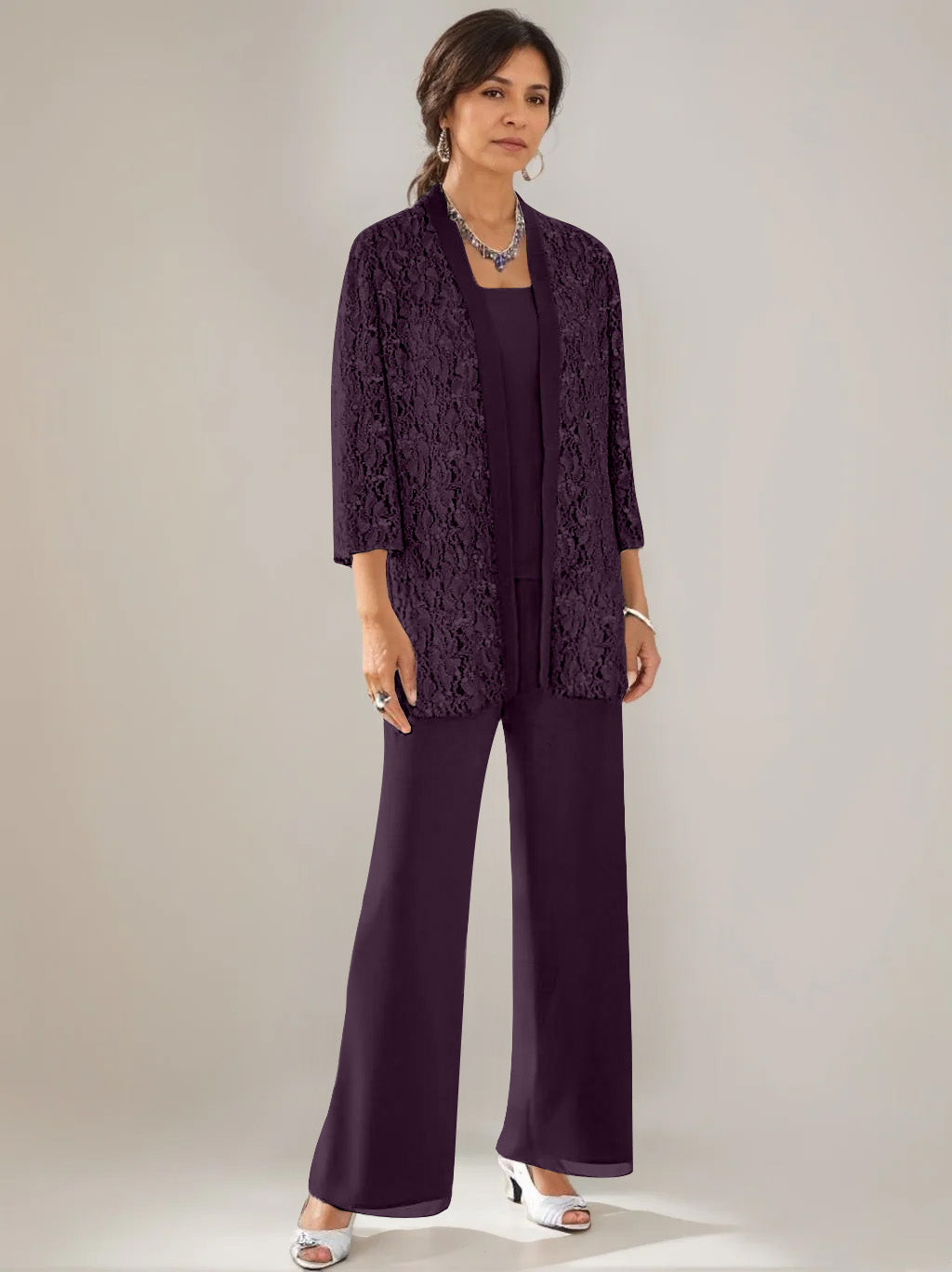 3 Pieces Scoop Neck 3/4 Sleeves Ankle-Length Mother of the Bride Pantsuits with Lace