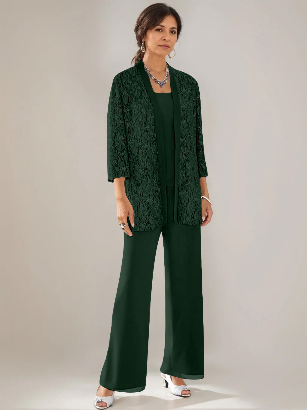 3 Pieces Scoop Neck 3/4 Sleeves Ankle-Length Mother of the Bride Pantsuits with Lace