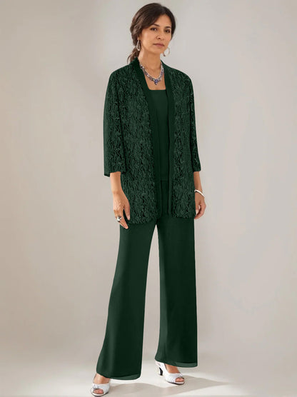 3 Pieces Scoop Neck 3/4 Sleeves Ankle-Length Mother of the Bride Pantsuits with Lace