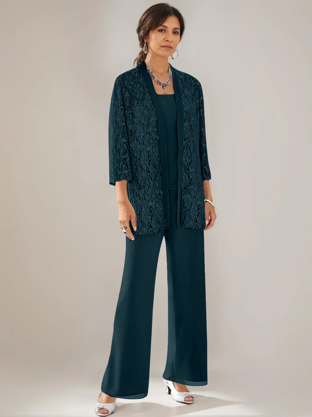 3 Pieces Scoop Neck 3/4 Sleeves Ankle-Length Mother of the Bride Pantsuits with Lace