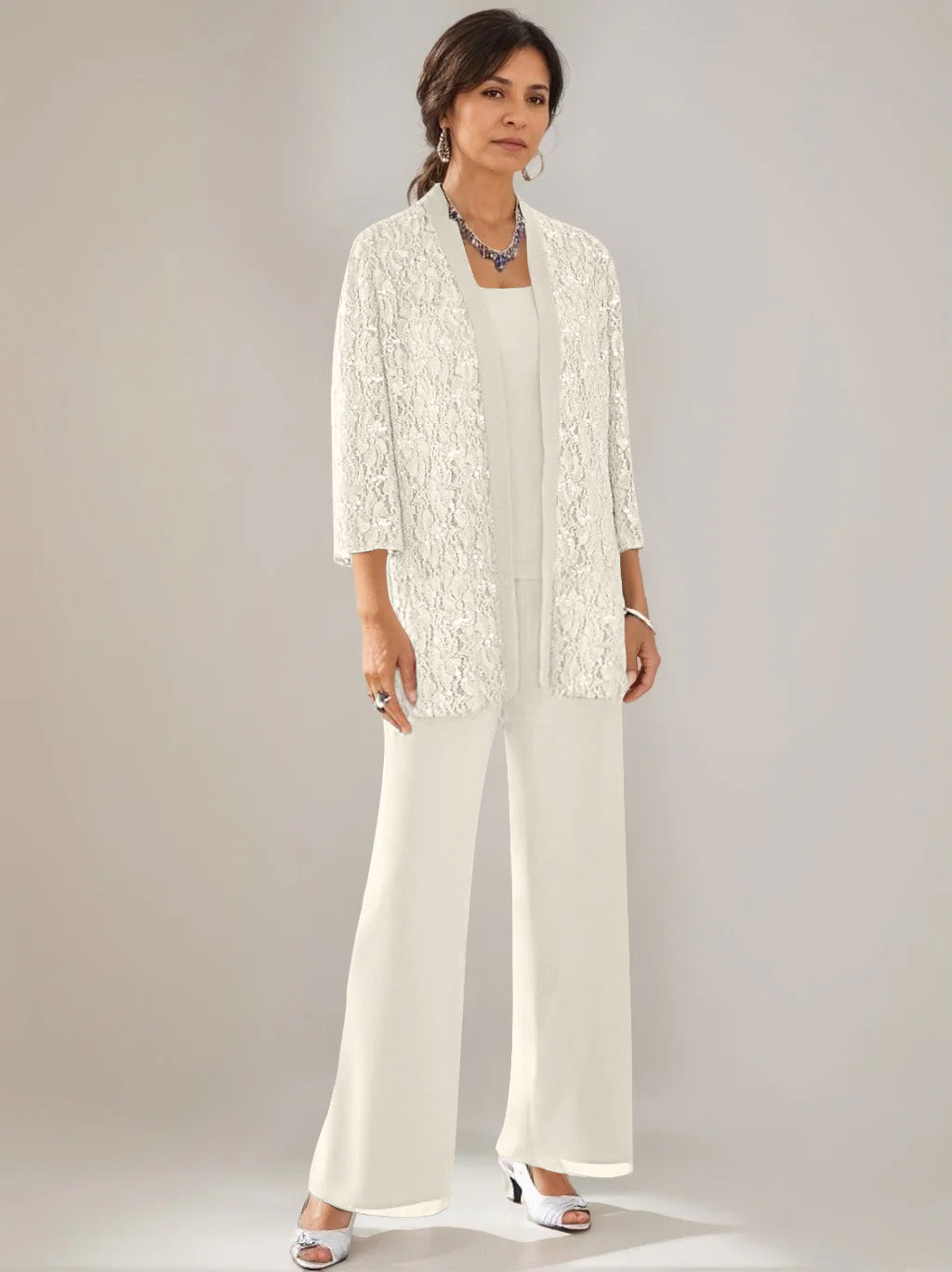 3 Pieces Scoop Neck 3/4 Sleeves Ankle-Length Mother of the Bride Pantsuits with Lace