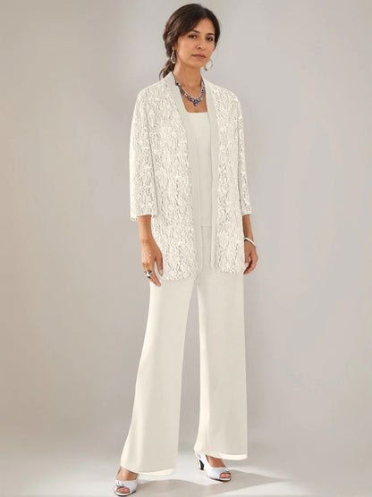 3 Pieces Scoop Neck 3/4 Sleeves Ankle-Length Mother of the Bride Pantsuits with Lace