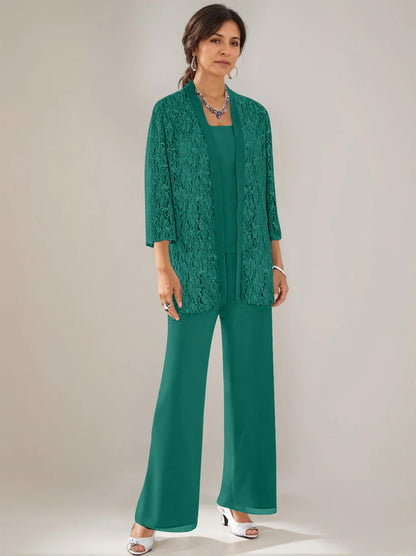 3 Pieces Scoop Neck 3/4 Sleeves Ankle-Length Mother of the Bride Pantsuits with Lace