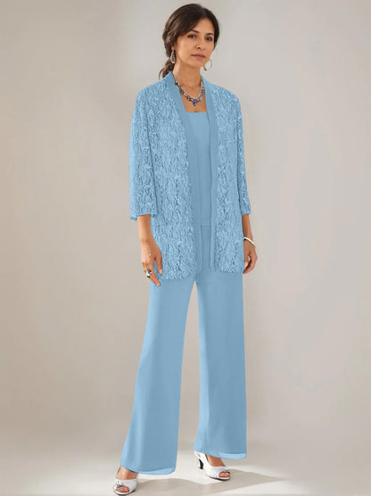 3 Pieces Scoop Neck 3/4 Sleeves Ankle-Length Mother of the Bride Pantsuits with Lace