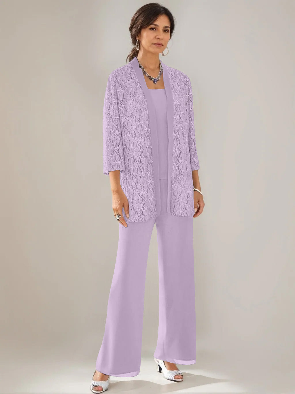 3 Pieces Scoop Neck 3/4 Sleeves Ankle-Length Mother of the Bride Pantsuits with Lace