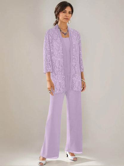 3 Pieces Scoop Neck 3/4 Sleeves Ankle-Length Mother of the Bride Pantsuits with Lace